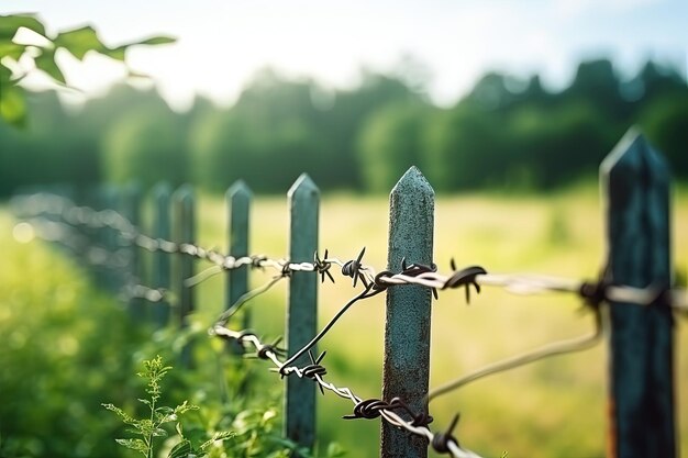 Use concrete fence posts and barbed wire to prevent intrusion or theft on a green tree background