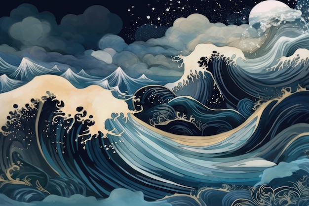 To use for decorative backgrounds of a watercolor illustration of a sea in an intricate pattern in the style of dark teal and light black Generative AI