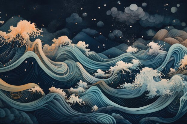 To use for decorative backgrounds of a watercolor illustration of a sea in an intricate pattern in the style of dark teal and light black Generative AI