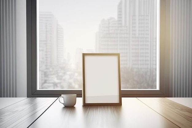 Use this blank wooden tabletop and blurred glass window wall banner mock up