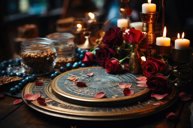 The use of your natal chart and the stars for divination A circle of rose petals and zodiac stone