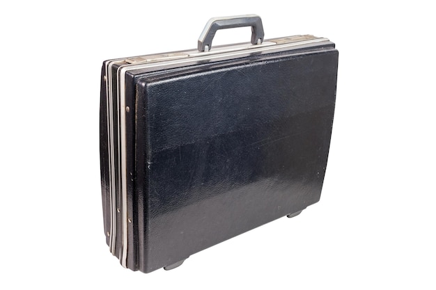 Photo used and dirty old fashion black plastic suitcase or briefcase isolated on white background closed and standing up