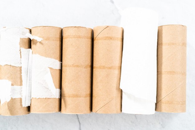 Photo used empty toilet paper rolls on a gray background.