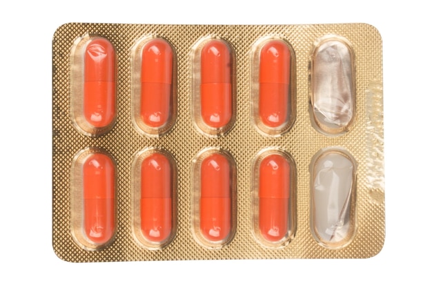 Used pill blister pack isolated on white background