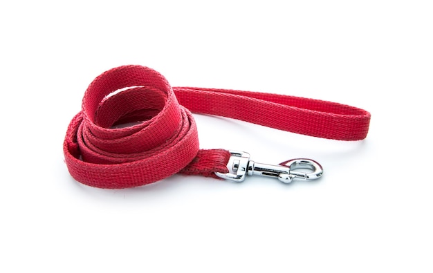 Photo used red dog leash isolated on white background