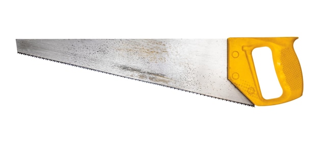 Used steel saw with yellow plastic handle isolated