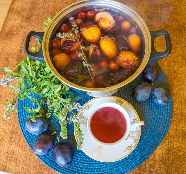 Useful detox drink fruit compote of plums mint and cinnamon
