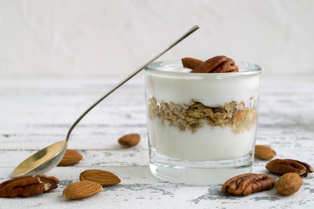 Useful homemade yogurt with nuts and muesli.