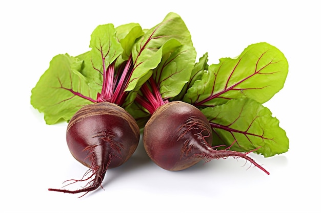 Useful red beet One fresh red beetroot with half leaves isolated on white background