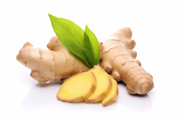 Useful and tasty Fresh ginger root and piece isolated on white background View from above Lying f