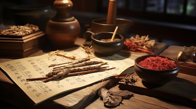 Photo user ancient wisdom chinese traditional herbal medicine on steelyard
