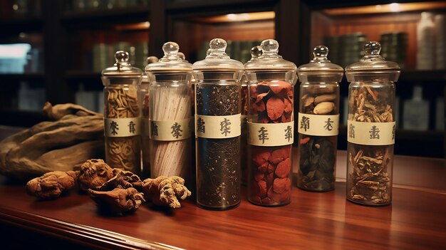 Photo user ancient wisdom chinese traditional herbal medicine on steelyard