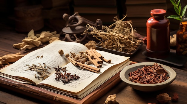 Photo user ancient wisdom chinese traditional herbal medicine on steelyard