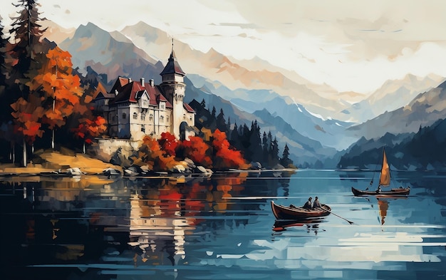 User A Castle on a Lake Painting Generative AI