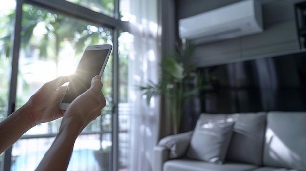 User controlling air conditioning with smartphone wide text area background immaculate