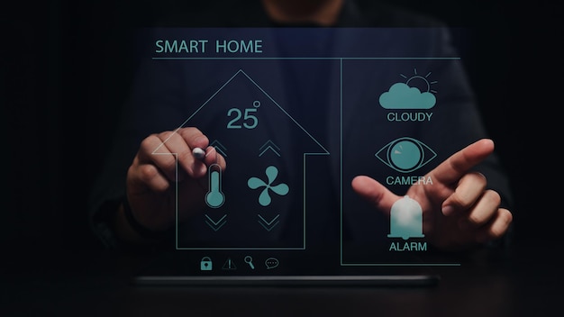 User controlling all the functions on a virtual screen of futuristic interface of smart home automation assistant