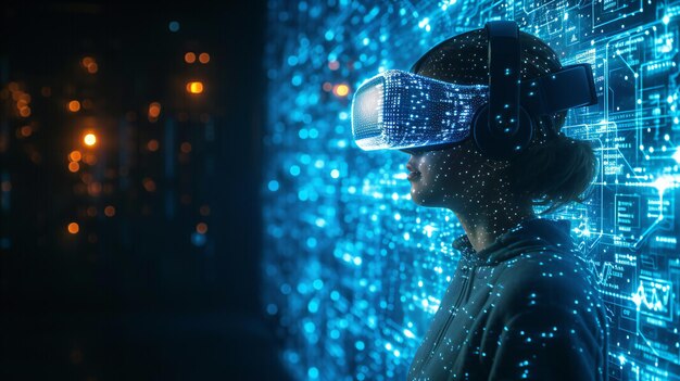 User Engages with Futuristic VR Technology in Digital Cyberspace