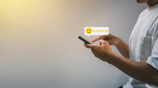 User give rating five star service best product quality of ranking evaluation quality of service leading to reputation ranking of business Customer review satisfaction feedback survey concept