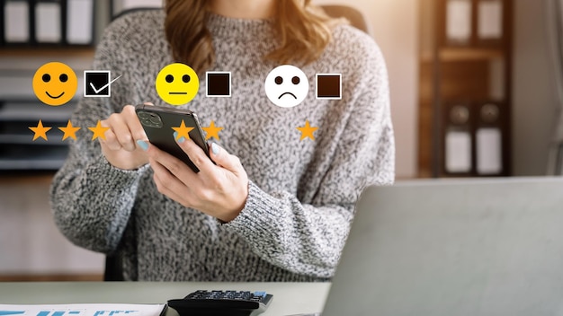 user give rating to service experience on online application customer review satisfaction feedback survey concept