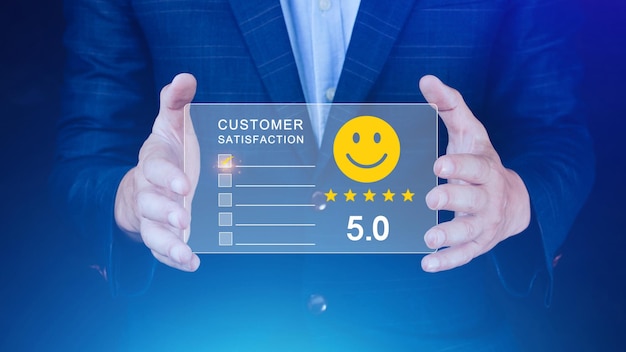 User gives rating to service experience on online application Customer review satisfaction feedback survey concept Customer can evaluate quality of service leading to reputation ranking of business