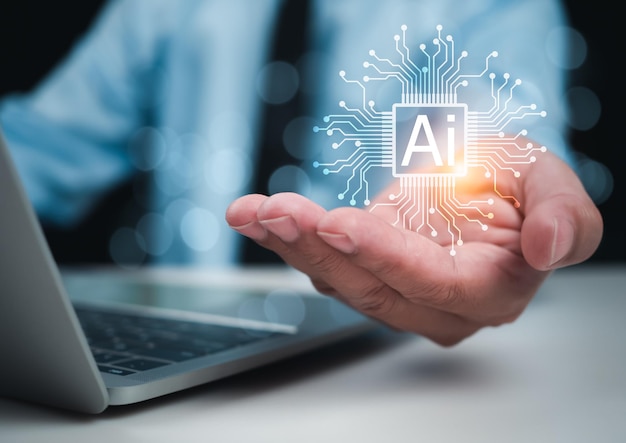 User hand showing AI chip represents Artificial intelligence innovation and global online network