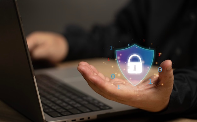 The user holds the symbol like a shield with a padlock inside