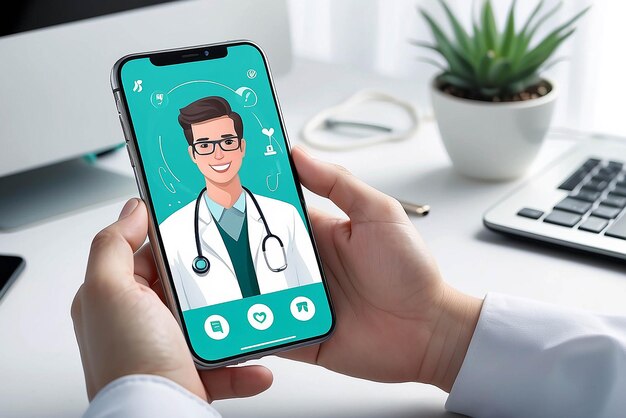 User video calling a doctor using and healthcare app on his smartphone and professional medical team connected online medical consultation concept