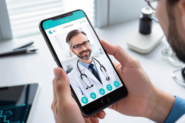 User video calling a doctor using and healthcare app on his smartphone and professional medical team connected online medical consultation concept