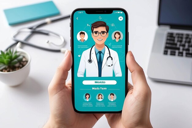 Photo user video calling a doctor using and healthcare app on his smartphone and professional medical team connected online medical consultation concept