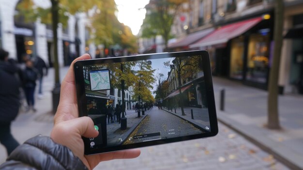 Photo a users hand holding a tablet with an ar app open showing a virtual guide providing directions and