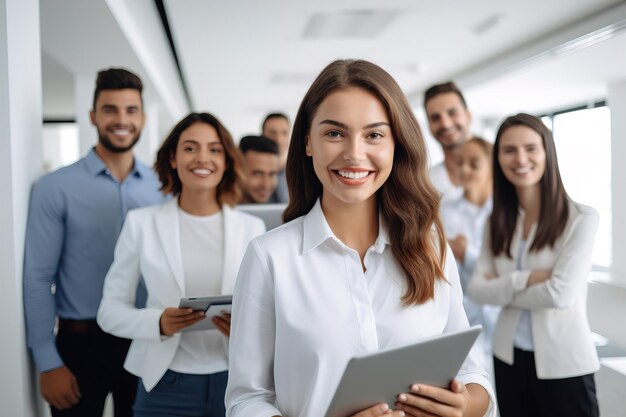 Photo uses a computer tablet at work in the office with employees in the company meeting a group people