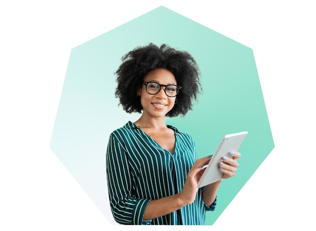 Uses student business woman with glasses in a business shirt smiling isolated white backgroundp