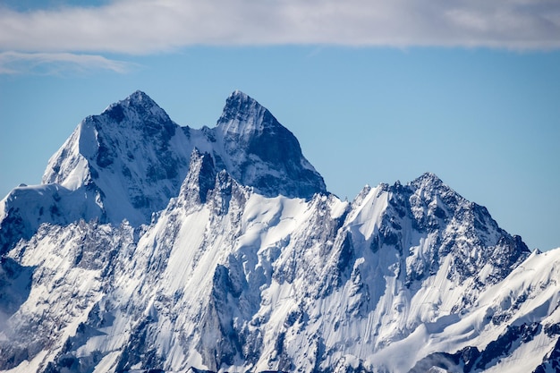 Ushba mountain closeup in the morning. The Greater Caucasus Range.  Georgia.