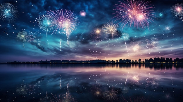 Usher in the new year with an image of fireworks bursting in the night sky reflecting over a tranqu