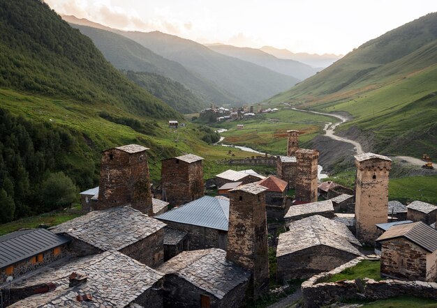 Ushguli village at sunset in Svaneti Georgia