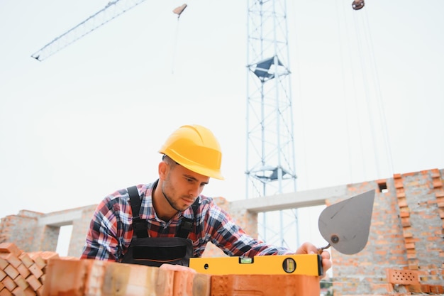 Using bricks Young construction worker in uniform is busy at the unfinished building