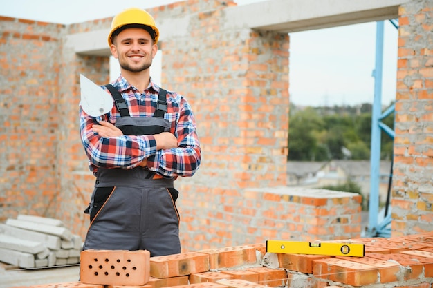 Using bricks Young construction worker in uniform is busy at the unfinished building