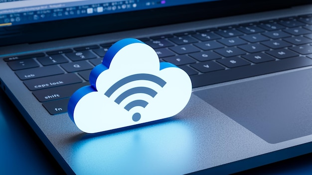 using a cloud service with a cloud server icon floating next to a person working on a laptop