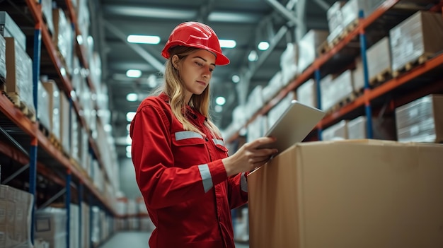 Using a computerized tablet a female warehouse employee checks cargo labels Generative AI