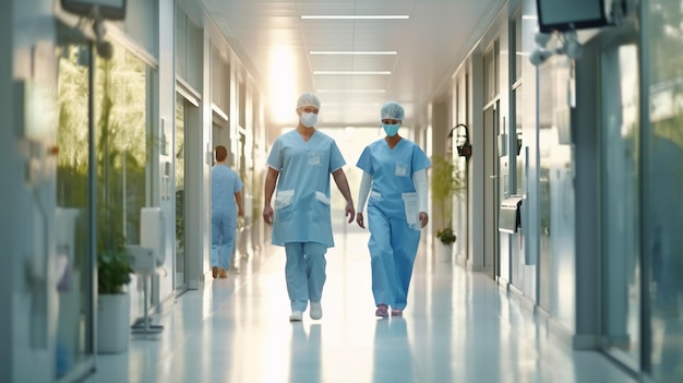 수술실에서 Generative AI 의사를 사용하여 복도를 통해 병원 들것에 환자를 재촉합니다.