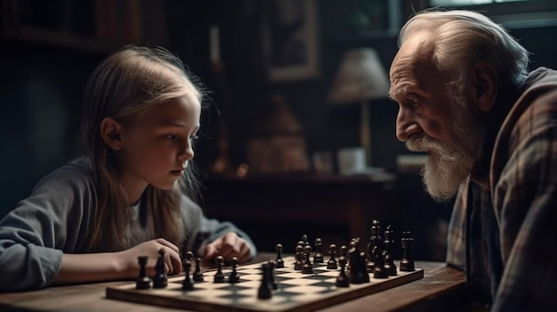 С помощью генеративного ИИ пожилой мужчина и его внучка играют в шахматы