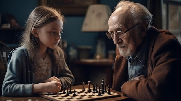 Using Generative AI an elderly man and his granddaughter play chess