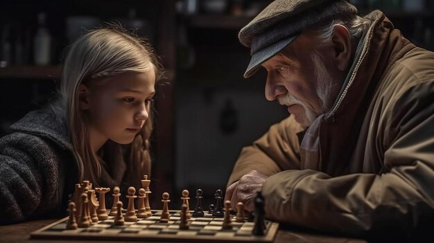 Using Generative AI an elderly man and his granddaughter play chess