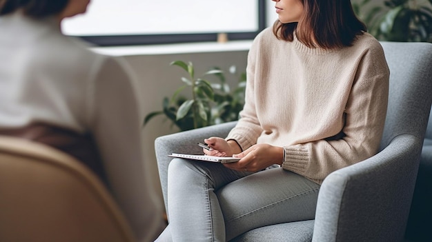 Photo using generative ai a female psychotherapist takes notes during a session of psychological treatment