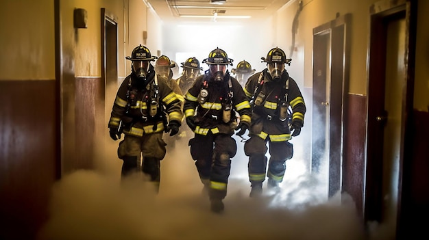 Photo using generative ai firefighters rush through a burning building's corridor