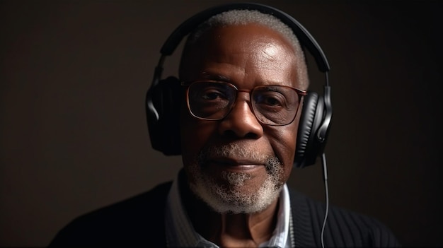 Using Generative AI Grandpa is a hip elderly black man who is listening to music while donning headphones