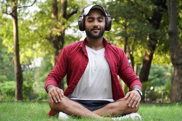 Photo using headphone and pranayama for anxiety disorders