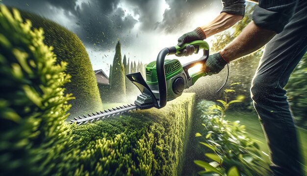 Photo using a hedge trimmer the buzzing blades of a hedge trimmer shape and tidy a hedge