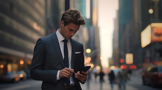 Using his phone a young businessman stands in a suit Generative Ai