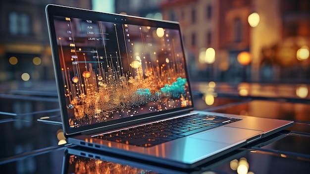 using a laptop to access analytics and business graph data trend analysis and the idea of the coding process for software development concept banner code and programming